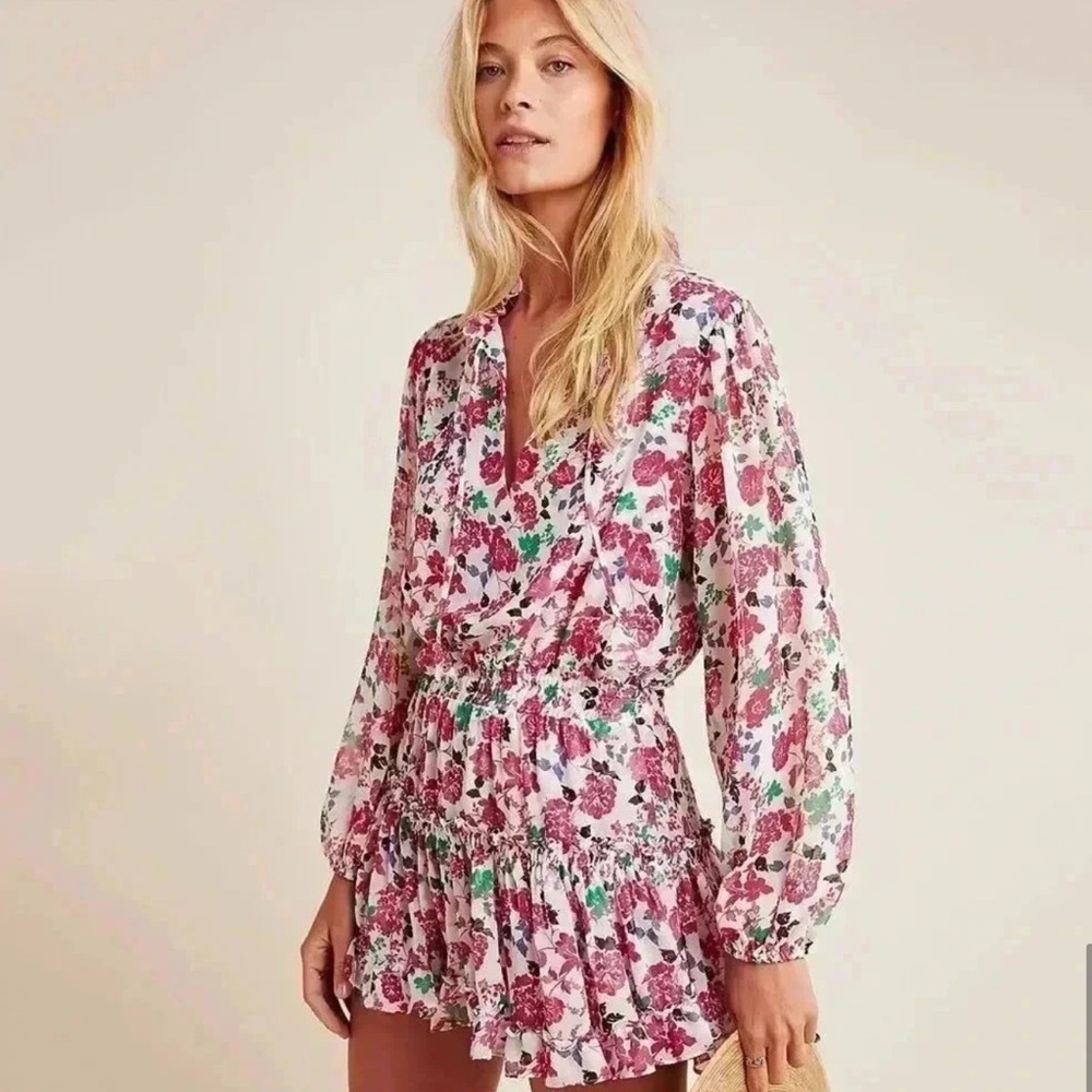 Misa Los Angeles White Pink Ruffled Wrap Blouse & Skirt Set